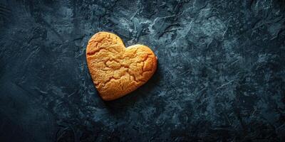Cookies in the shape of a heart on a dark blue background with copy space. Romantic background with treats photo