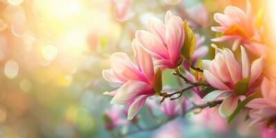 magnolia flores en luz de sol. floral bandera con Copiar espacio para tarjeta o invitación foto