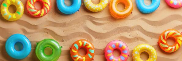 Multi-colored inflatable rings on the beach sand. Summer background with copy space photo