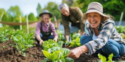 contento personas de todas siglos trabajando en el vegetal jardín. padres y niños tender el jardín juntos. orgánico jardinería foto