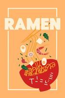 japonés ramen vertical póster. Japón tallarines y ingredientes para restaurante, publicidad, café . vector