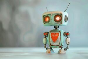 Cute robot with a heart on a blank background with copy space. Technology and love concept photo