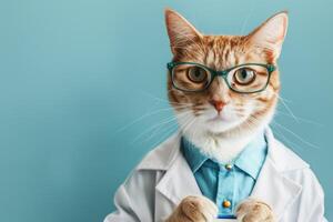 Cute cat doctor in a medical gown on a pastel background. Copy space, banner photo