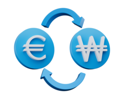 3d blanc euro et a gagné symbole sur arrondi bleu Icônes avec argent échange flèches, 3d illustration png