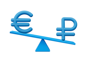 3d azul euro y rublo símbolo íconos con 3d azul equilibrar peso balancín, 3d ilustración png