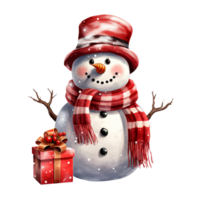 Happy snowman with red gift box, hat and scarf isolated on transparent background png