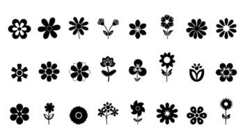 Set of simple flower icons in black and white. illustration nature element plant shape. Floral leaf sign and garden collection blossom decorative style. Ornament sunflower vector