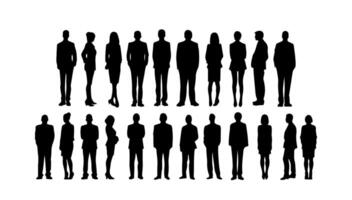 Silhouettes of people working group set illustration black and white. Person businessman and woman adult. Team work community isolated shape horizontal collection profile vector