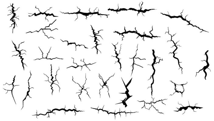 Crack, fissure, crevice illustration set black and white. Abstract design damaged texture and fractured dirty template. Hole cracked outline and scratch art effect wall