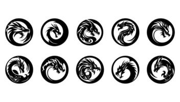 illustration set of round tribal dragon black and white. Abstract silhouette shape circle and collection mythology ornate monster face. Emblem head reptile vector