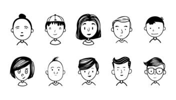 Minimal doodle avatars black and white set illustration. Person cartoon character design and face art. Icon human and outline hand-drawn anthropomorphic face vector