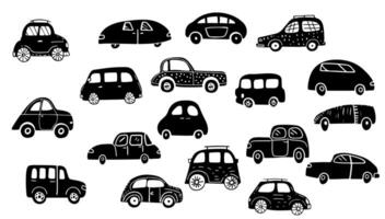 negro y blanco mano dibujado infantil conjunto carros ilustración. garabatear niño linda transporte aislado blanco y tráfico camión. bosquejo icono sencillo automóvil vector