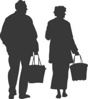 silueta mayor hombre y mayor mujer con compras cesta lleno cuerpo negro color solamente vector