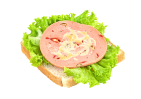 Bologna geschnitten mit Brot und Grüner Salat Blatt isoliert png