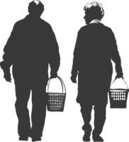 Silhouette elderly man and elderly women with Shopping basket full body black color only vector