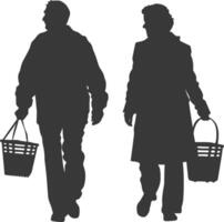 Silhouette elderly man and elderly women with Shopping basket full body black color only vector