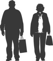 Silhouette elderly man and elderly women with Shopping basket full body black color only vector