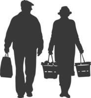 Silhouette elderly man and elderly women with Shopping basket full body black color only vector