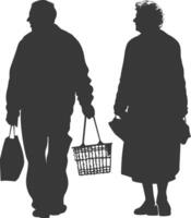 Silhouette elderly man and elderly women with Shopping basket full body black color only vector