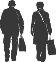 Silhouette elderly man and elderly women with Shopping basket full body black color only vector