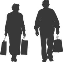 Silhouette elderly man and elderly women with Shopping basket full body black color only vector