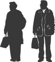 Silhouette elderly man and elderly women with Shopping basket full body black color only vector