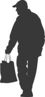 Silhouette elderly man with Shopping basket full body black color only vector