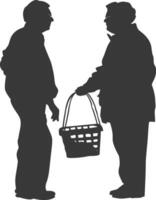 silueta mayor hombre y mayor mujer con compras cesta lleno cuerpo negro color solamente vector