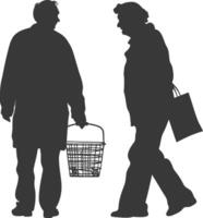 Silhouette elderly man and elderly women with Shopping basket full body black color only vector