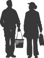 Silhouette elderly man and elderly women with Shopping basket full body black color only vector