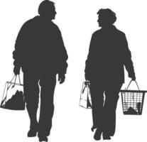 Silhouette elderly man and elderly women with Shopping basket full body black color only vector