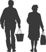 silueta mayor hombre y mayor mujer con compras cesta lleno cuerpo negro color solamente vector