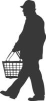 Silhouette elderly man with Shopping basket full body black color only vector