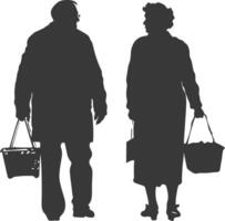 Silhouette elderly man and elderly women with Shopping basket full body black color only vector