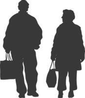 Silhouette elderly man and elderly women with Shopping basket full body black color only vector