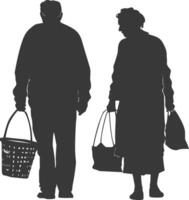 Silhouette elderly man and elderly women with Shopping basket full body black color only vector