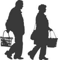 Silhouette elderly man and elderly women with Shopping basket full body black color only vector