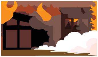 Burning house in cartoon style. Background illustration of a wide house that depicts conditions of a fire. Design elements of the background illustration depicting a fire disaster vector