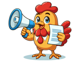 rolig kyckling tecknad serie karaktär håll en megafon och papper png