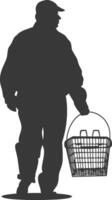 Silhouette elderly man with Shopping basket full body black color only vector