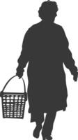 Silhouette elderly women with Shopping basket full body black color only vector