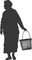 Silhouette elderly women with Shopping basket full body black color only vector