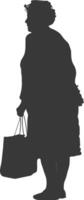 Silhouette elderly woman with Shopping basket full body black color only vector