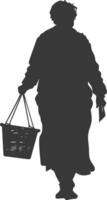 Silhouette elderly women with Shopping basket full body black color only vector