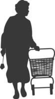 Silhouette elderly women with Shopping basket full body black color only vector