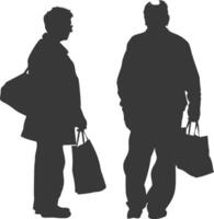 Silhouette elderly man and elderly women with Shopping basket full body black color only vector