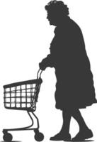 Silhouette elderly women with Shopping basket full body black color only vector