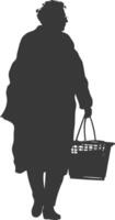 Silhouette elderly women with Shopping basket full body black color only vector