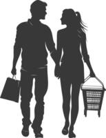 silueta hombre y mujer con compras cesta lleno cuerpo negro color solamente vector