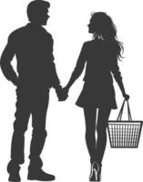 silueta hombre y mujer con compras cesta lleno cuerpo negro color solamente vector